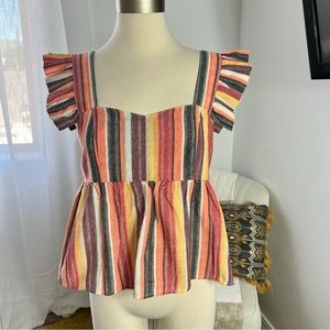 Stripped linen like flutter detail blouse